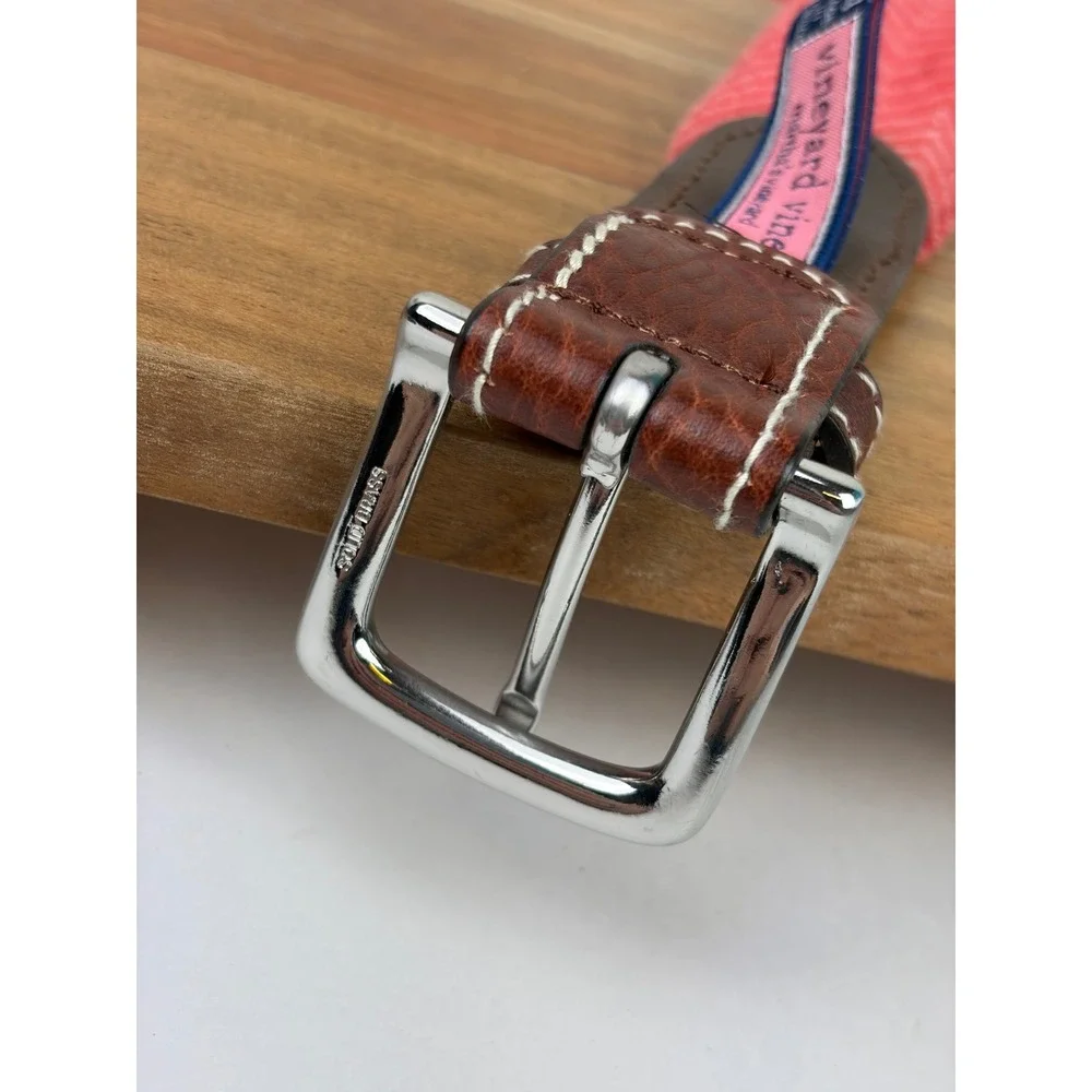 Vineyard Vines Belt 34 Brown Jetty Red Pebbled Leather Chevron Webbing Preppy‎